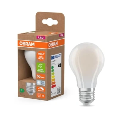 Immagine di OSRAM Energy Class nella classica forma a lampadina, 3,8 W / 806 lm, EEK A, luce bianca fredda (4000 K), CRI 80, in vetro satinato senza piombo, attacco E27, IP20, diametro 60 mm, dimmerabile.