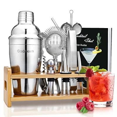 Immagine di Godmorn Cocktail Shaker Set,14 + 1 pezzi Kit da Barman in Acciaio Inox ,Set di strumenti Bar,550ml con Accessori, supporto Bamboo aggiornato spazzola pulita, ricetta
