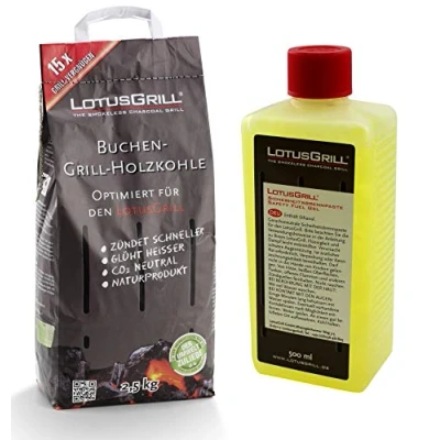 Immagine di LotusGrill Carbone di legno faggio da 2,5 kg, con LotusGrill, pasta combustibile 500 ml, entrambi sviluppati per grigliate carenti fumo il barbecue