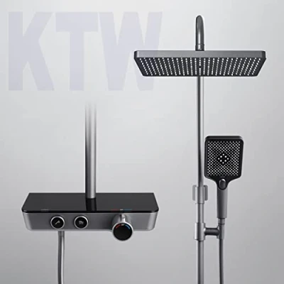 Immagine di EMKE set doccia con termostato, sistema doccia, a pioggia, doccetta 3 livelli di getto, colonne ripiano in vetro, certificazione KTW, antracite opaco
