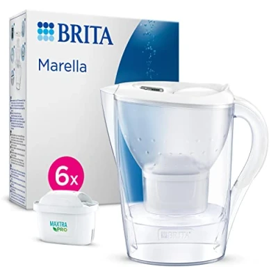 Immagine di BRITA Caraffa filtrante Marella bianca (2.4L) incl. 6 x filtri MAXTRA PRO All in 1 che riduce cloro, calcare e PFAS Adatta al frigo, Memo digitale riempimento comodo confezione sostenibile