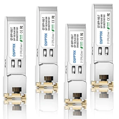 Immagine di QSFPTEK 4Pack 10GBASE T SFP+ al modulo di rame RJ45 Mini GBIC ricetrasmettitore per Cisco SFP 10G S, Ubiquiti UF 10G, Mikrotik, D Link, Supermicro, CAT6A/CAT7, fino a 100FT (30M)