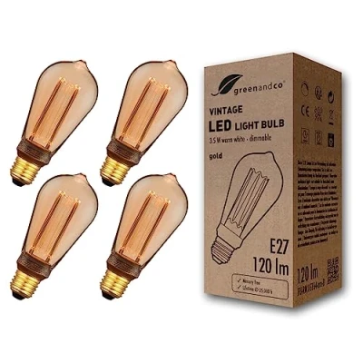 Immagine di greenandco 4x lampadina a LED dimmerabile di design vintage in stile retrò E27 ST64 3,5W 120lm 1800K 320 230V, ambra, nessun sfarfallio