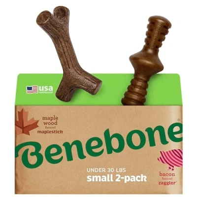 Immagine di Benebone Confezione da 2 bastoncini di acero indistruttibili per masticatori aggressivi, a lunga durata, resistenti alla noia cani, vero sapore pancetta e legno d&#039;acero, cani piccola