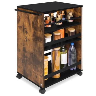 Immagine di bomoe carrello da cucina di servizio su rotelle con 3 livelli regolabili legno FSC® alta qualità universale cucine bagno nicchia Bengt marrone &amp; nero