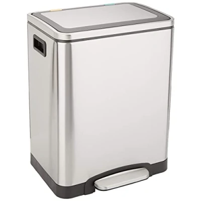 Immagine di Amazon Basics Pattumiera 30 L (2 x 15 L) Rettangolare con due scomparti e pedale in tubo d&#039;acciaio chiusura ammortizzata coperchio, per cucina, bagno o ufficio, acciaio inossidabile