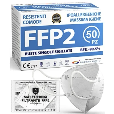 Immagine di ADESTE 50 Mascherine FFP2 Bianche Certificate CE, Filiera controllata, anallergiche, con elastici comodi e resistenti. Sicura: capacità filtrante &gt;99,5%, Buste singole sigillate.