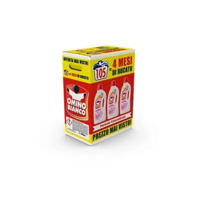 Immagine di Omino Bianco Detersivo Lavatrice Liquido, 105 Lavaggi, Rispetta Colori e Tessuti, Fresco Profumo di Ninfea Rosa, 1400 ml x 3 Confezioni
