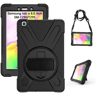 Immagine di Gerutek Custodia Cover per Samsung Galaxy Tab A 8.0&quot; 2019 (SM T290/T295), Protettiva Antiurto con Supporto Rotante 360 e Cinghia Mano/Spalla 8.0, Nero