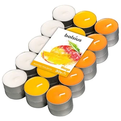 Immagine di Bolsius Multicolor Tealight Profumate Fragranza Mango Set di 30 Pezzi 3 Colori Lunga Durata 4 Ore Candele Decorative Cera Senza Fumo