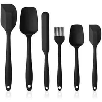Immagine di Set di 6 spatole in silicone resistente al calore con utensili da cucina acciaio inox antiaderente per cottura, cottura e miscelazione (nero)