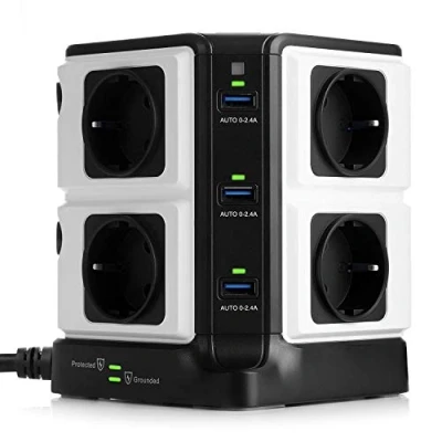 Immagine di BESTEK Multipresa Ciabatta Elettrica Verticale, Torretta a 8 Prese Schuko e 6 Porte USB, Protezione Sovratensione con Interruttore Indipendente, 1500J Surge