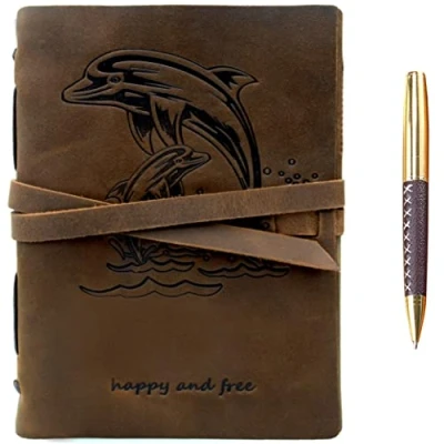 Immagine di Quaderno Appunti in Pelle Defino A5 Diario di Viaggio Taccuino Donna e Uomo Fatto a Mano Agenda con Fogli Bianchi 21 x 15 cm (8&quot; 6&quot;) Idee per Regali Originali