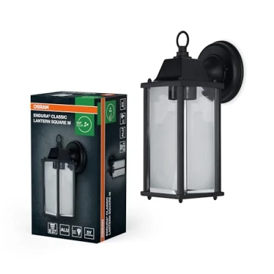 Immagine di OSRAM ENDURA Classic lampada da esterno M E27 nera, IP43, alloggiamento in alluminio, vetro trasparente, senza lampadina, montaggio a parete per aree protette