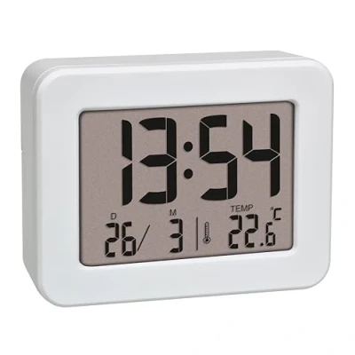 Immagine di TFA Dostmann Mini sveglia con temperatura, 60.2044.02, orologio da tavolo, funzionamento a batteria, data e termometro interno, viaggio, piccolo, bianco