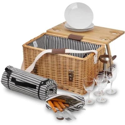 Immagine di CampFeuer cestino da picnic per 4 persone, con set di stoviglie e tavolo servizio, 25 pezzi, valigetta picnic, in vimini cinturino similpelle, borsa completo