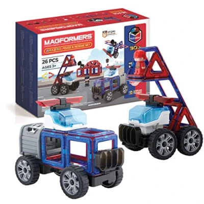 Immagine di Magformers Amazing Police And Rescue Magnetic Building Blocks Tile Toy. Makes Cars Buildings in A Theme. STEM Toy for Children Aged 4+. with Character Car.