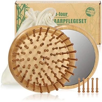Immagine di com four® Set per la Cura dei Capelli Premium Spazzola districante in bambù e Piccolo Specchio da Parrucchiere con Contenitore (2 Parti Tangle + Specchio)