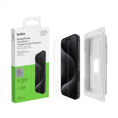 Immagine di Belkin ScreenForce UltraGlass 2 Proteggi schermo antimicrobico, vetro per iPhone 15 Pro, antigraffio, sottile, con durezza di 9H, senza bolle