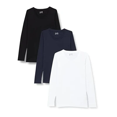 Immagine di Berydale Maglietta a maniche lunghe con scollo rotondo in 100% cotone, Donna, Nero/bianco/blu navy (confezione da 3), S