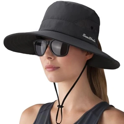 Immagine di DRESHOW Donna Sole Cappello All&#039;aperto UV Protezione Maglia Pieghevole Tesa Larga Pesca Coda di Cavallo Spiaggia Secchiello Cappelli con Occhiali da Vista