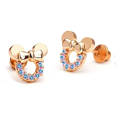 Immagine di Kaguyo orecchini in argento per donna, sterling 925 placcato oro con pavé di ametista, blu trasparente, rosso, zircone, a bottone forma topo bambina, (rose blue)