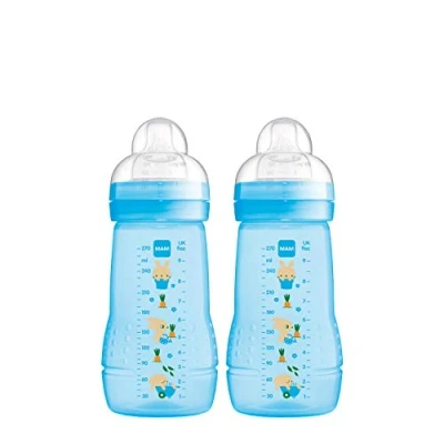 Immagine di MAM Easy Active Set di 2 borraccia per bambini (270 ml), con tettarella MAM, misura 1, in silicone SkinSoft, forma ergonomica, 0 mesi, colore: Blu, Istruzioni lingua straniera