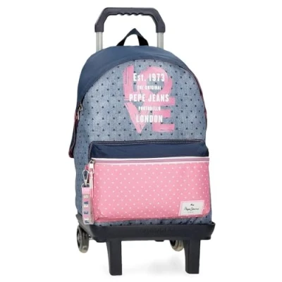 Immagine di Pepe Jeans Joumma Bags Zaino da scuola, blu e rosa, in poliestere, spallacci regolabili, per un comodo trasporto, vari scomparti, con portachiavi pompon, multicolore, 42 + carrello