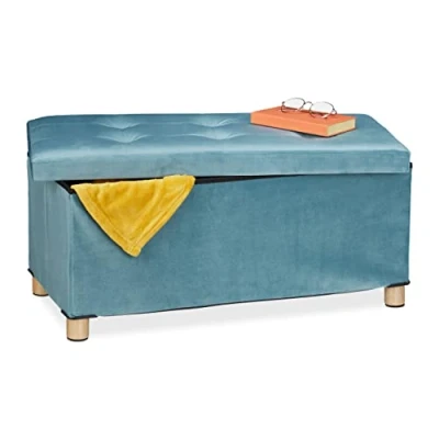 Immagine di Relaxdays Pouf con Contenitore Vassoio, HxLxP: 34x76x38 cm, Sgabello Portaoggetti Salvaspazio, Panca, Velluto, Turchese, 1 pz