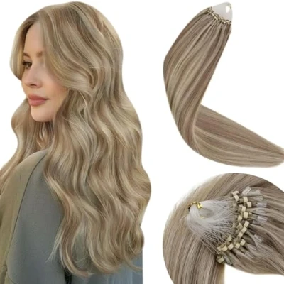 Immagine di LaaVoo Extension Microring Capelli Veri 35cm 50ciocche 1g/ciocche Marrone Chiaro con Biondo Highlighted Remy Lisci Estensioni Dei Umani #p8/24