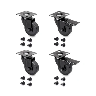 Immagine di Emuca Set di 4 rotelle pivotanti per mobile Ø50mm con piastra assemblaggio e cuscinetti a sfere, ruote girevoli in gomma colore nero.