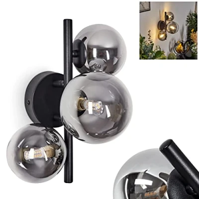 Immagine di lampada da parete Chehalis, in metallo/vetro nero/fumo, dal design moderno, con paralumi rotondi vetro, 1 luce, 3 x G9, senza lampadina/e