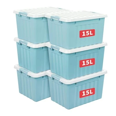 Immagine di Cetomo Scatola portaoggetti in plastica da 15 x 6, blu, contenitore organizzativo con coperchio durevole e fibbie di chiusura sicure, impilabile annidabile, confezione fibbia