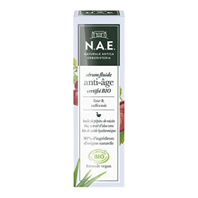 Immagine di N.A.E. Siero fluido viso antietà biologico Olio di vinaccioli, Aloe Vera, Acido Ialuronico Certificato Formula vegana Contenitore da 30 m (la confezione può variare)