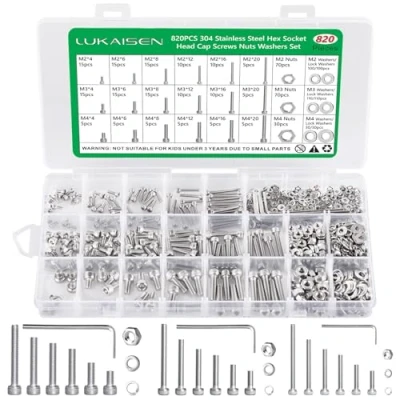Immagine di Viti e Dadi, 820 Pezzi Set Dadi Bulloni in acciaio inossidabile 304 Assortimento Kit, Testa a Brugola con Rondelle Esagonale 3 Chiavi per Fai da Te Professionale(M2, M3, M4)