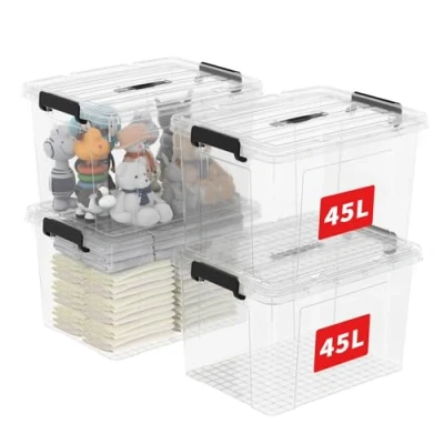 Immagine di Cetomo 45L*4 Scatola portaoggetti in plastica, Tote box,Contenitore organizzativo con coperchio resistente e fibbie a chiusura sicura, Impilabile inseribile, Confezione da 4, trasparente