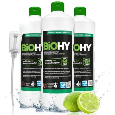 Immagine di BiOHY Detersivo per piatti lavastoviglie commerciali (3 bottiglie da 1l) + Distributore Concentrato Brillantezza luminosa formula di scioglimento dei grassi (Geschirrreiniger)