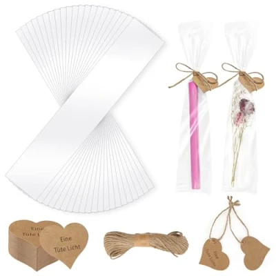 Immagine di 100 Pezzi Sacchetti Cellophane Lunghi, Trasparenti Sacchettini con Etichette di Carta Kraft e Corda, Piccoli per Candele a Forma Bastone Caramelle Feste Compleanno