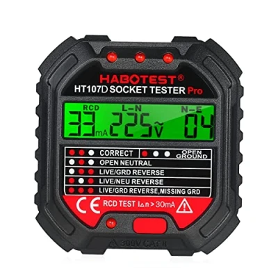 Immagine di tester per prese, RCD con LED, test GFCI, display di tensione e frequenza