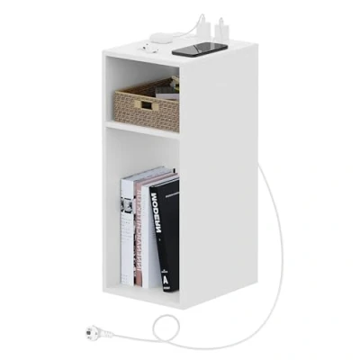 Immagine di WOLTU Comodino con Prese e Porte USB, per Camera da Letto Stretto, Salvaspazio 2 Scomparti Aperti, Soggiorno, Cameretta, in Legno, 25x30x60cm, NTS06ws