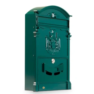 Immagine di Amig Cassetta postale da esterno in stile classico Armadietto per pareti, pareti o recinzioni 40,5 x 25,5 8,5 cm Alluminio Include viti Colore verde