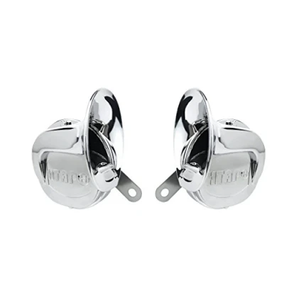 Immagine di Clacson cromato per auto stile lumaca, confezione doppia, tono alto e basso 12 V.
