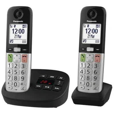 Immagine di Panasonic KX TGU432EXB Telefono senza fili digitale con segreteria telefonica, volume amplificato, unità base e 2 auricolari, display LCD, torcia elettrica, compatibile apparecchi acustici, nero
