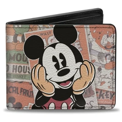 Immagine di Buckle Down Portafoglio Disney da uomo, bifold, classico Topolino seduto in posa ravvicinata, fumetti impilati, pelle vegana, multicolore, dimensioni standard, predefinite