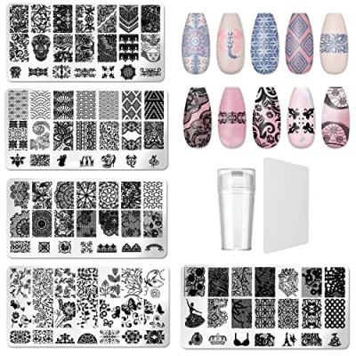 Immagine di Kit Timbro Unghie Nail Art, 5 Template Piastra per con 1 Clear Silicone Stamper + Raschietti Set di Art Stamping Manicure Decorazioni