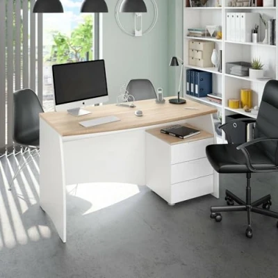Immagine di Dmora Scrivania con cassettiera a Tre cassetti, Colore Bianco e Rovere, cm 136 x 74 67