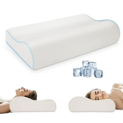 Immagine di PKBD Cuscino in Schiuma Memory con Federa(Seta Ghiacciata Rinfrescante), Ortopedico Ergonomico, Sagomato per Dormienti su Fianco, Schiena e Pancia