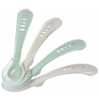 Immagine di BÉABA Cucchiai in Silicone per Neonati e Bambini Set da 4 Cucchiaini Bebé lo Svezzamento 2a infanzia Flessibile Punta arrotondata Manico Ergonomico verde grigio