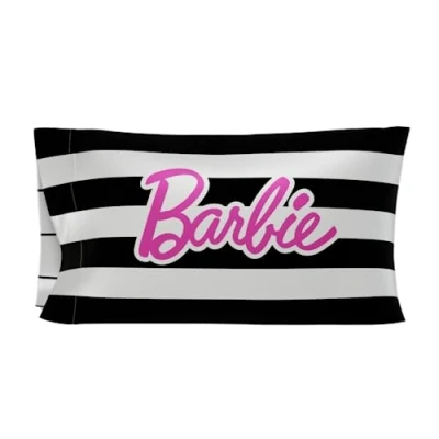 Immagine di Franco Collectibles Federa standard in raso setoso con Barbie Barbicore, 51 x 76 cm, per capelli e pelle, prodotto licenza ufficiale, colore: bianco nero