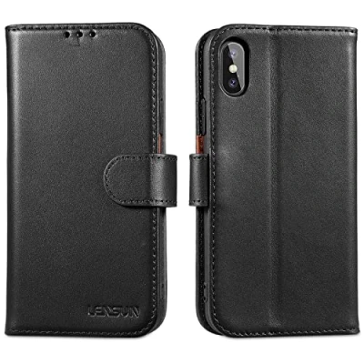 Immagine di Lensun Custodia per iPhone XS, X Cover in Vera Pelle [RFID Blocking] Antiurto Libro con Portafoglio Chiusura Magnetico Flip Custodie Cuoio Telefono 10 Nero
